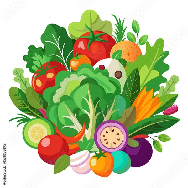Fototapeta A vibrant mix of fresh salad vegetables arranged on a clean white background, AI Generated 
