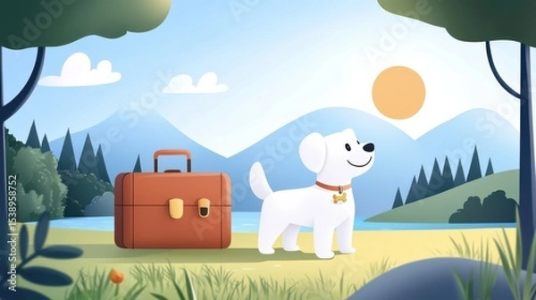 Obraz Adorable puppy eagerly waiting by a suitcase, excited for an upcoming vacation and new adventures ahead