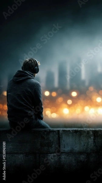 Fototapeta Young man sits on wall listening to music with city skyline illuminated in the background during twilight hours