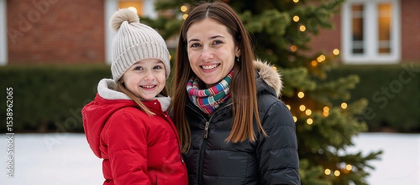 Fototapeta Ok Joyous family moment Mother and child grinning together under Christmas tree wrapped up against winter chill