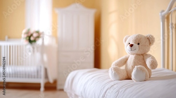Fototapeta Soft teddy bear on a bed in a cozy nursery with yellow walls