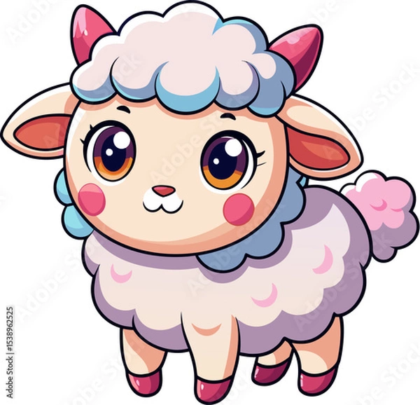 Obraz Cute cartoon lamb with big eyes and colorful wool in kawaii chibi art