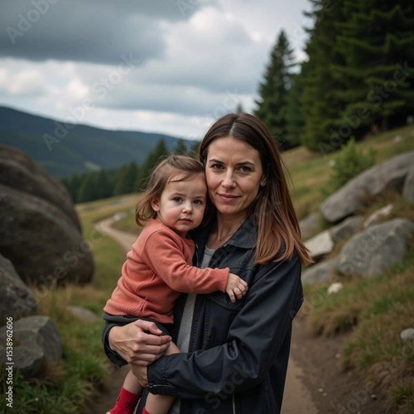 Fototapeta Mother cradles child during tough rural living showcasing strength amidst natural hardships
