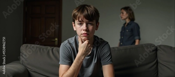 Fototapeta An upset teenager sits on a sofa with a concerned-looking mother nearby