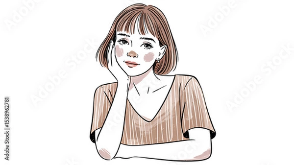 Fototapeta Hand drawn girl resting her head on hand with thoughtful expression in casual clothes
