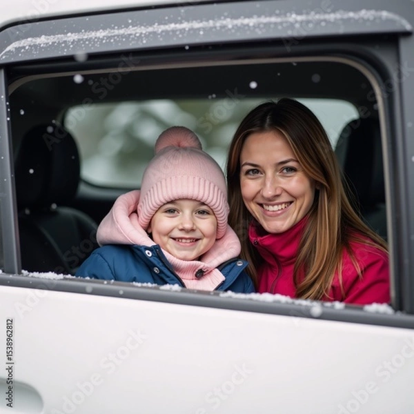 Fototapeta Mother-daughter duo enjoying a warm moment together during a wintry drive
