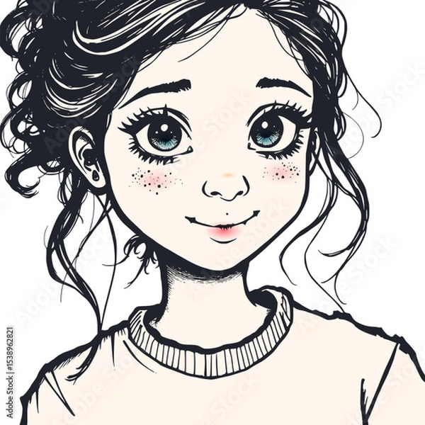 Obraz Cute cartoon girl with big eyes, hand drawn vector portrait