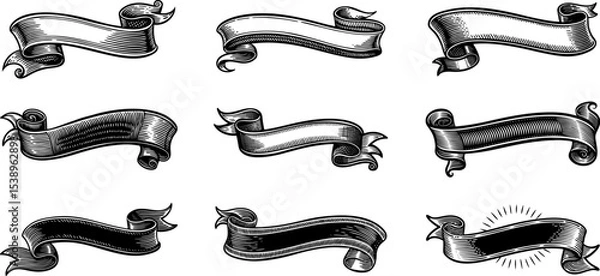 Obraz Vintage ribbon set in engraving style. Isolated classic royal scroll collection, in victorian heraldic style