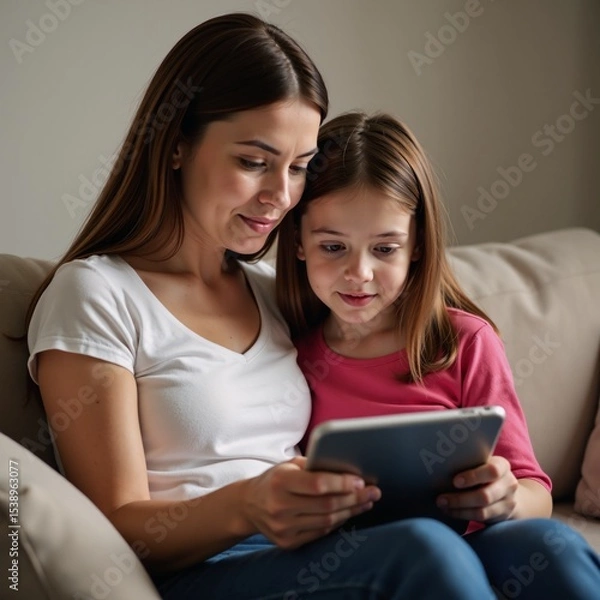 Fototapeta A hauntingly suspenseful portrait depicts a concerned woman and her child interacting on a shared digital device