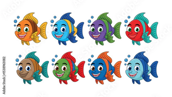 Fototapeta Colorful cartoon fish characters set with happy expressions and underwater bubbles
