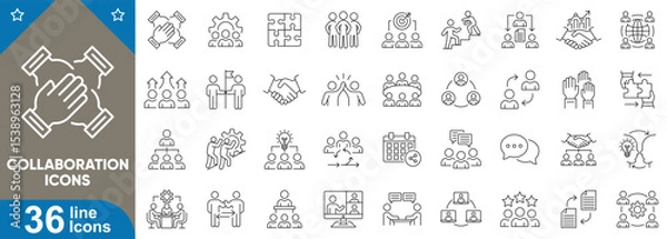 Fototapeta Collaboration icons set. 36 editable stroke line icons representing partnership, communication, remote work, idea sharing, project management, group support, team and more. Vector illustration