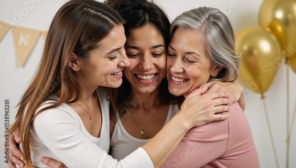 Fototapeta Family members embrace warmly in a cheerful Mothers Day scene sharing love and laughter during an interracial family bonding moment
