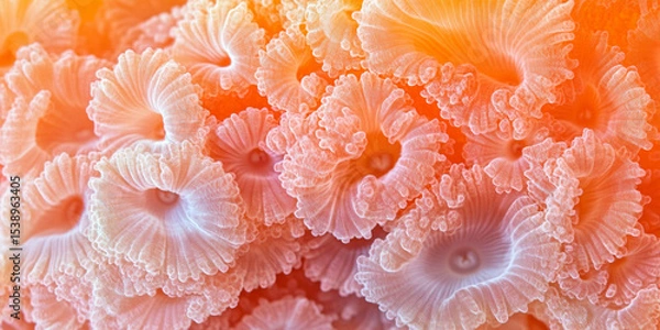 Fototapeta Vibrant abstract background inspired by coral reefs and underwater marine life. Fluid organic shapes in soft shades of coral pink, peach and orange. 