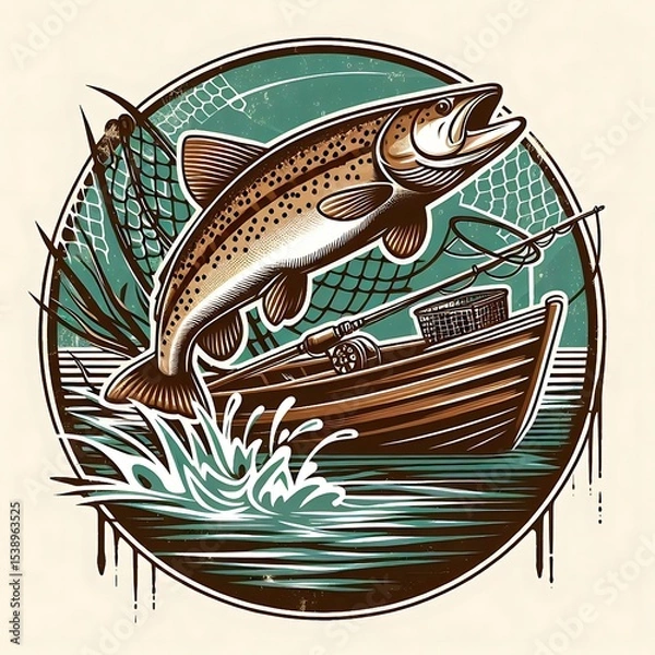 Fototapeta Rustic Fishing Boat Leaping Trout
