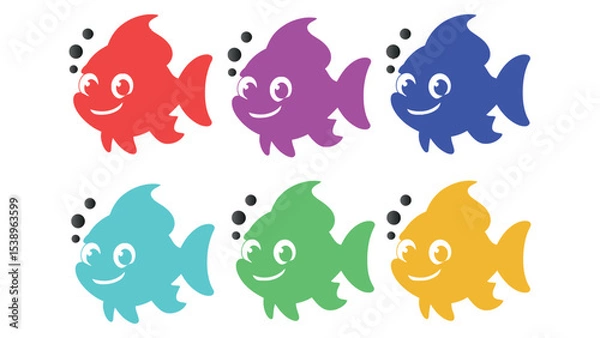 Fototapeta Colorful cartoon fish silhouettes with playful expressions and air bubbles in vector style
