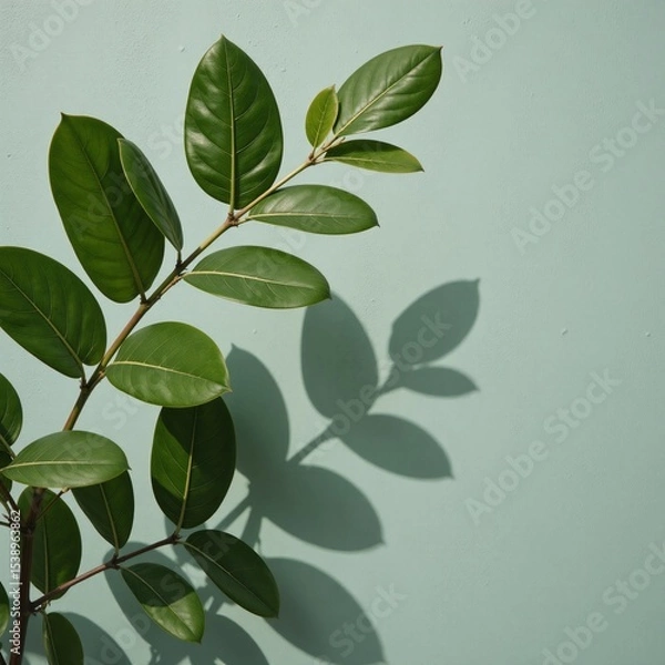 Fototapeta Abstract tree leaf shadows grace a textured gray-green concrete wall with rough irregular features