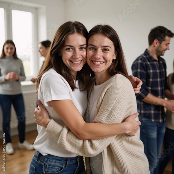 Fototapeta A heartwarming portrait showcases an embracing moment between a loving mom and her grateful snuggly teenage son