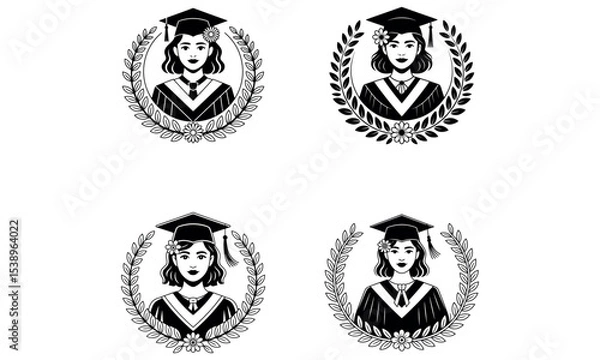 Fototapeta Female graduation icon set with laurel wreath and cap in black illustration style
