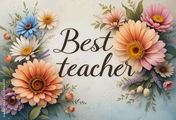 Fototapeta A colorful flower arrangement with the words "Best Teacher" written in cursive