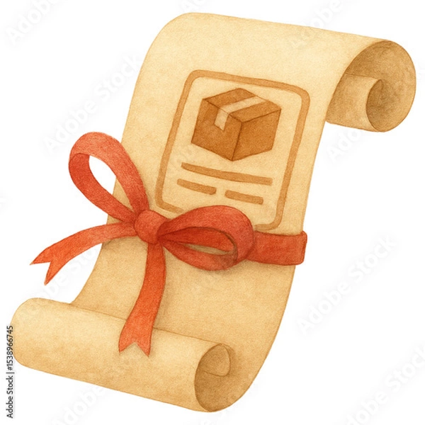 Obraz Delivery Confirmation Scroll Tied with Red Ribbon Old Paper Package Certificate