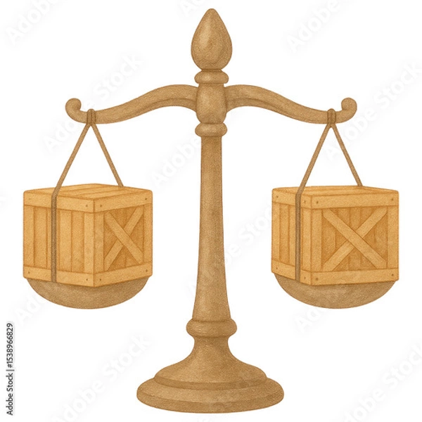 Obraz Balanced Wooden Crates on Antique Scales Fair Trade Equality Concept