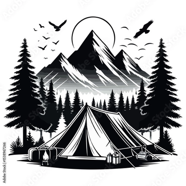 Fototapeta Camping scene with tent mountains and trees in silhouette