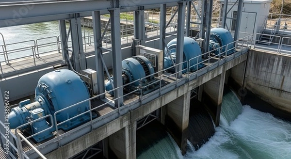 Fototapeta Hydroelectric power plant with blue turbines generating clean electricity. Renewable energy production and sustainable power generation.