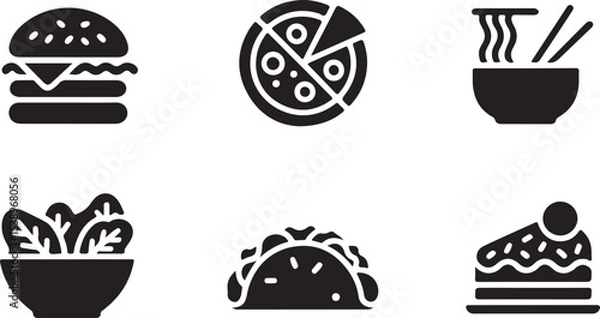 Fototapeta Simple Black and White Icons of Various Food Items