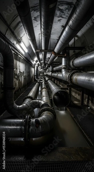 Fototapeta Large metal pipes with flowing water inside a dark urban tunnel. Industrial infrastructure for water management and utility.