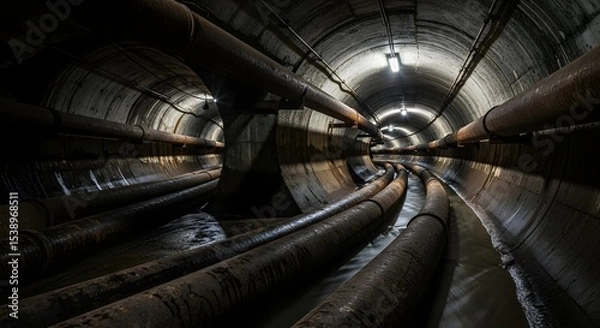 Fototapeta Underground concrete tunnel with large rusty pipes and flowing water. Industrial infrastructure utility conduit with lighting.