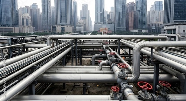 Fototapeta Complex network of industrial pipelines with red valves and a cityscape in the background. Concept of urban infrastructure, energy, and industry.