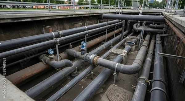 Fototapeta Underground pipes and utilities line a trench next to a street, illustrating district heating and cooling systems.