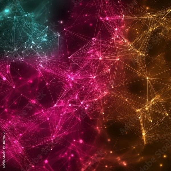 Fototapeta Vibrant abstract digital network consisting of colorful nodes and lines in a dark background
