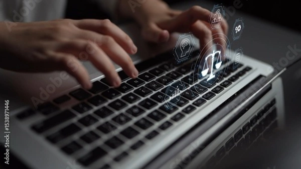 Fototapeta Futuristic digital law interface displaying justice scale, highlighting digital law, AI compliance, digital law systems, and digital law regulations for secure governance. Muxer