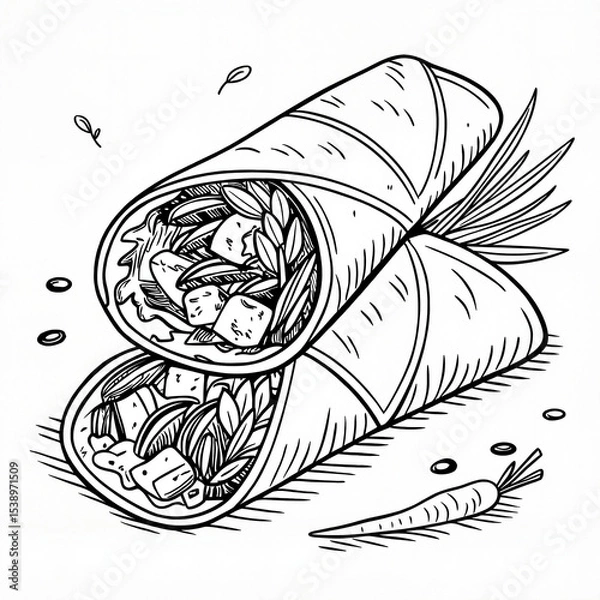 Obraz Hand-drawn wrap with lettuce and vegetables in black and white pencil style for healthy eating concepts


