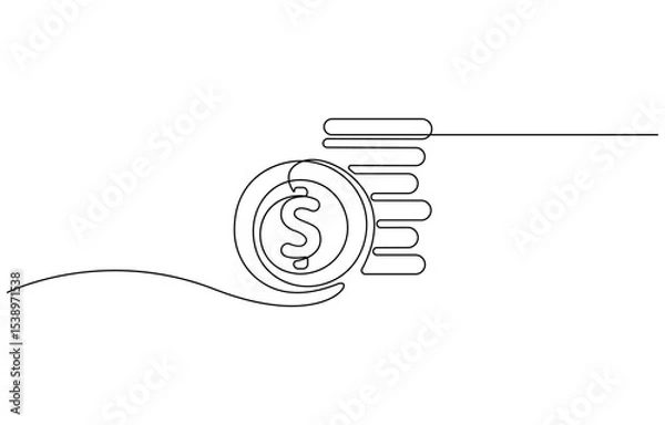 Fototapeta Stacks of coins in one continuous line drawing. Coins money symbol of financial success and investment business. Coins money in simple linear style, Money saving concept continuous line.
