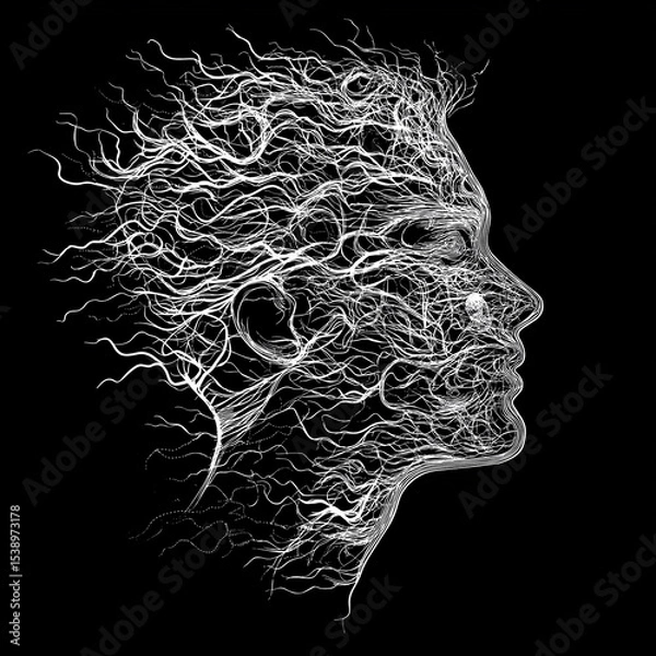 Fototapeta Abstract profile of a woman, with intricate root-like design, evokes inner strength.