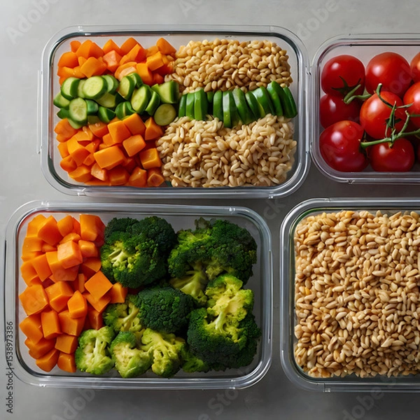 Fototapeta Overhead photo of healthy meal prep containers filled with colorful vegetables and grains, arranged neatly on kitchen countertop.