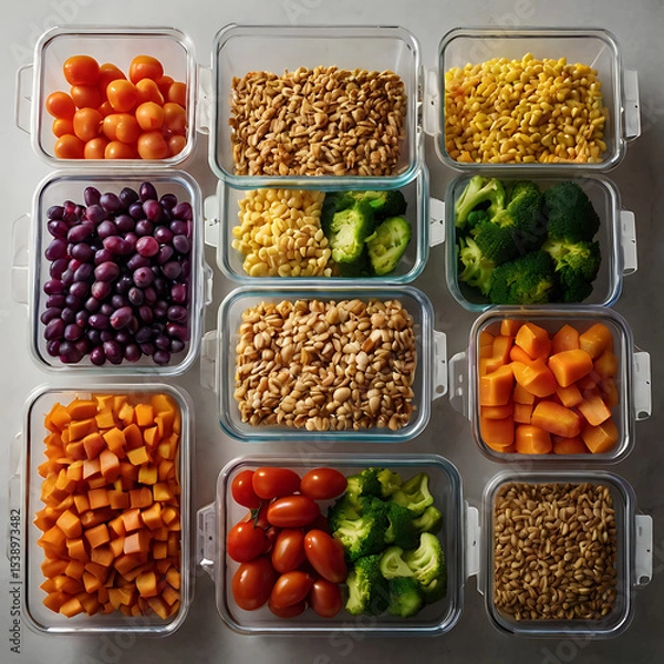 Fototapeta Overhead photo of healthy meal prep containers filled with colorful vegetables and grains, arranged neatly on kitchen countertop.