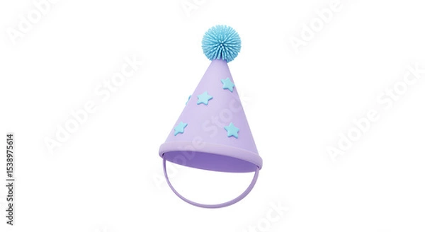 Fototapeta Pastel Party Hat with Blue Pom Pom and Stars on a White Background for Celebrations
