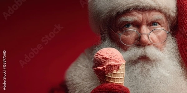 Fototapeta Santa Claus joyfully holds an ice cream cone against a vibrant red background during the festive season