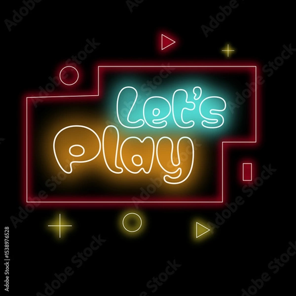 Obraz Neon Let's Play text with cyan blue and yellow colour | Let's Play neon sign | Let's Play vector image