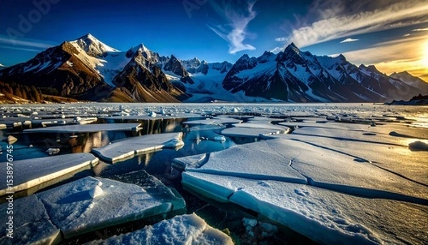 Obraz Scenic View of Snow-Capped Mountains with Cracked Ice and Sunset Reflections