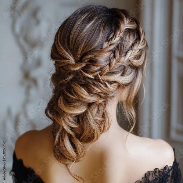 Fototapeta Elegant Braided Updo: A Beautiful Hairstyle Showcasing Intricate Braids, Soft Curls, and Stunning Brown Highlights for a Formal Event or Special Occasion.