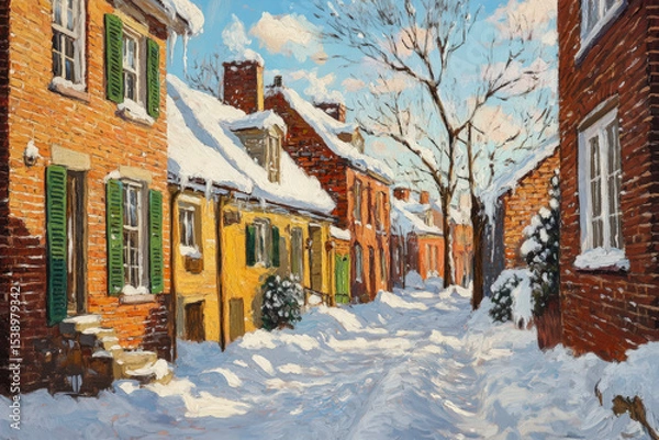 Fototapeta Charming winter painting of a snow-covered village street with colorful brick houses, bare trees, and soft morning light.