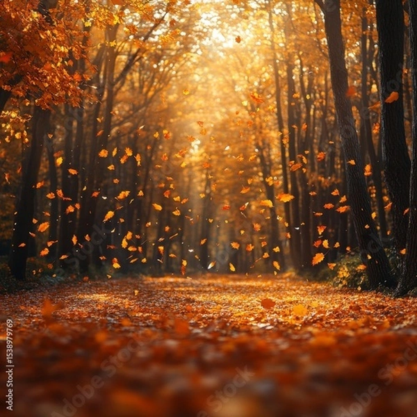 Fototapeta Golden Canopy: A Symphony of Falling Leaves in Autumn's Embrace, Sunlight Filters Through Trees, Creating a Magical Scene of Nature's Beauty.