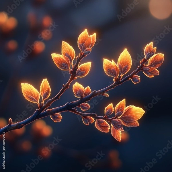 Fototapeta Golden Light on Spring Branch: A Glimpse of Emerging Life and Warmth Against the Deep Blue of Twilight's Embrace, Nature's Delicate Promise Unveiled.