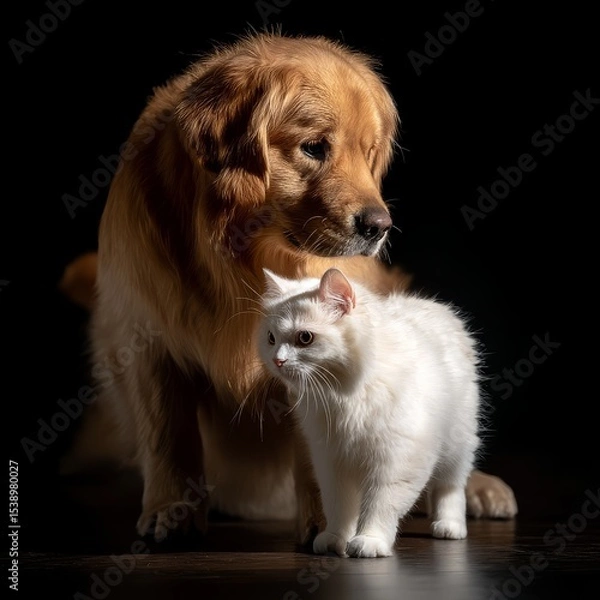 Fototapeta Golden Retriever and White Cat Portrait: A Study in Contrasts and Friendship, bathed in dramatic light against a dark background, showcasing their distinct beauty and unique personalities