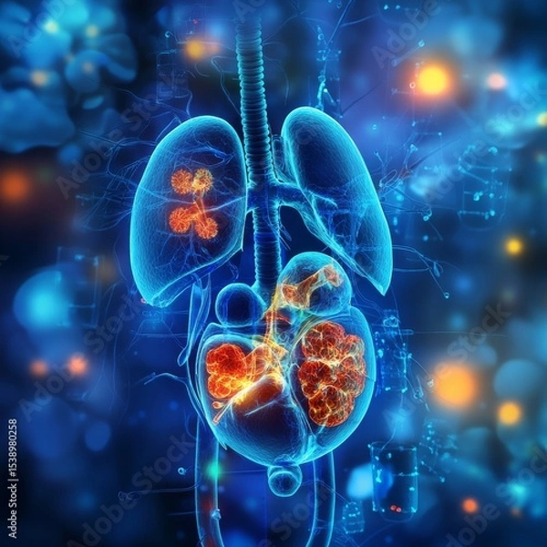 Fototapeta Human Anatomy Illustration: 3D Rendering of Lungs, Esophagus, and Abdominal Organs Displaying Tumorous Growths in a Vibrant Blue, Orange and Red Hue.