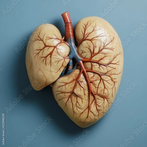 Fototapeta Human Lung Model: Detailed Anatomical Depiction of Respiratory Organs with Bronchi, Veins, and Arteries on a Blue Background for Medical Education and Healthcare Visualization